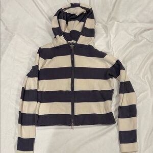 Brandy Melville Navy and Cream Ribbed Zip-Up